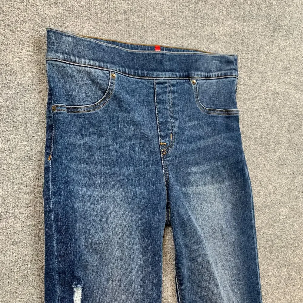 Spanx Jeans Womens M Medium Distressed Ankle Skinny High Rise Frayed Hem Pull On